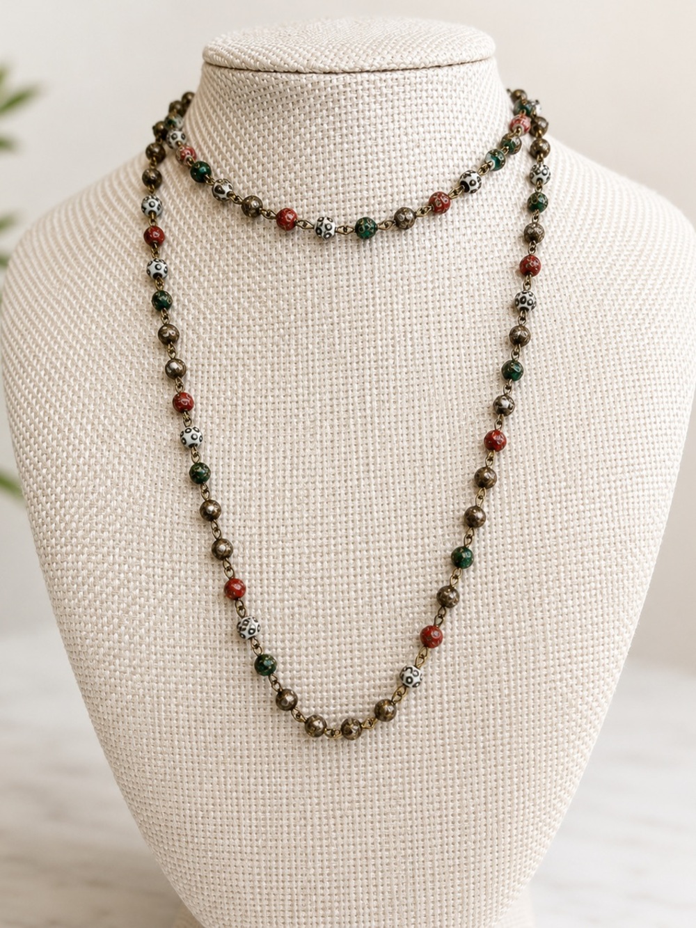 Vintage Beaded Layered Necklace in Green, Red, White and Bronze